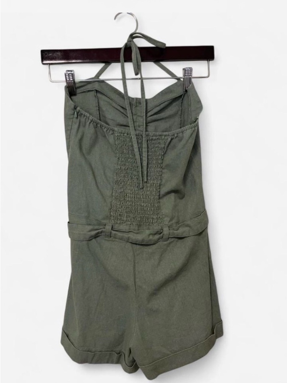 Olive Green Tie-Waist Button Front Linen Blend Halter Romper Women’s Size M - Picture 3 of 6